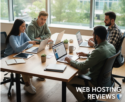 Team reviewing web hosting options - Web hosting reviews by FilipHosting